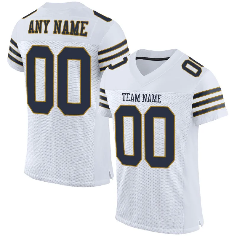 Football Jersey with Stretch Panels for Flexibility-Custom White Navy-Old Gold Classic Style Mesh Authentic Football Jersey