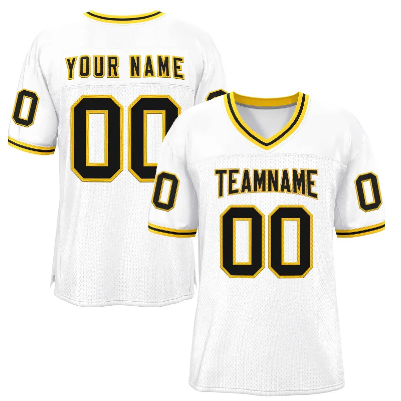 Football Jersey for Stretchable, Breathable Fabric-Custom White Black-Gold Classic Style Authentic Football Jersey