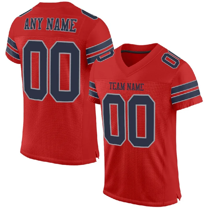 Football Jersey for Comfortable Movement During Dribbling-Custom Scarlet Navy-Light Gray Classic Style Mesh Authentic Football Jersey