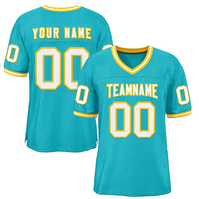 Football Jersey for Maximum Breathability and Flexibility-Custom Aqua White-Gold Classic Style Authentic Football Jersey