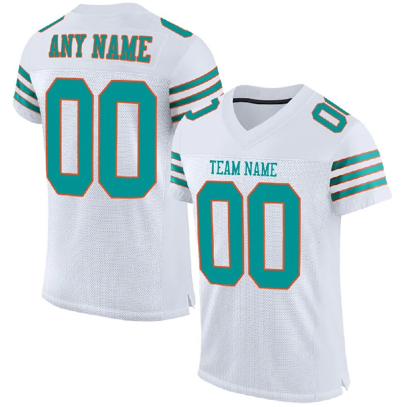 Football Jersey for Elite Players-Custom White Aqua-Orange Classic Style Mesh Authentic Football Jersey