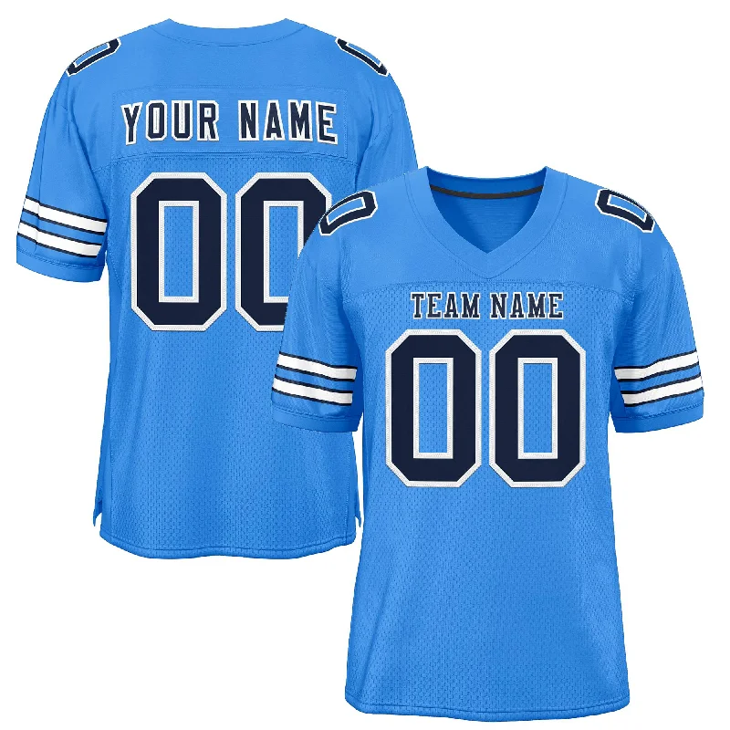 Football Jersey with Stylish Cut and Design-Custom Powder Blue Navy-White Classic Style Mesh Authentic Football Jersey