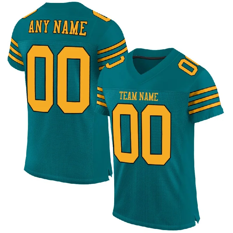 Football Jersey for Enhanced Fit and Comfort-Custom Teal Gold-Black Classic Style Mesh Authentic Football Jersey