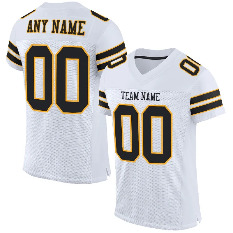 Football Jersey with Durable Fabric for Intense Play-Custom White Black-Gold Classic Style Mesh Authentic Football Jersey