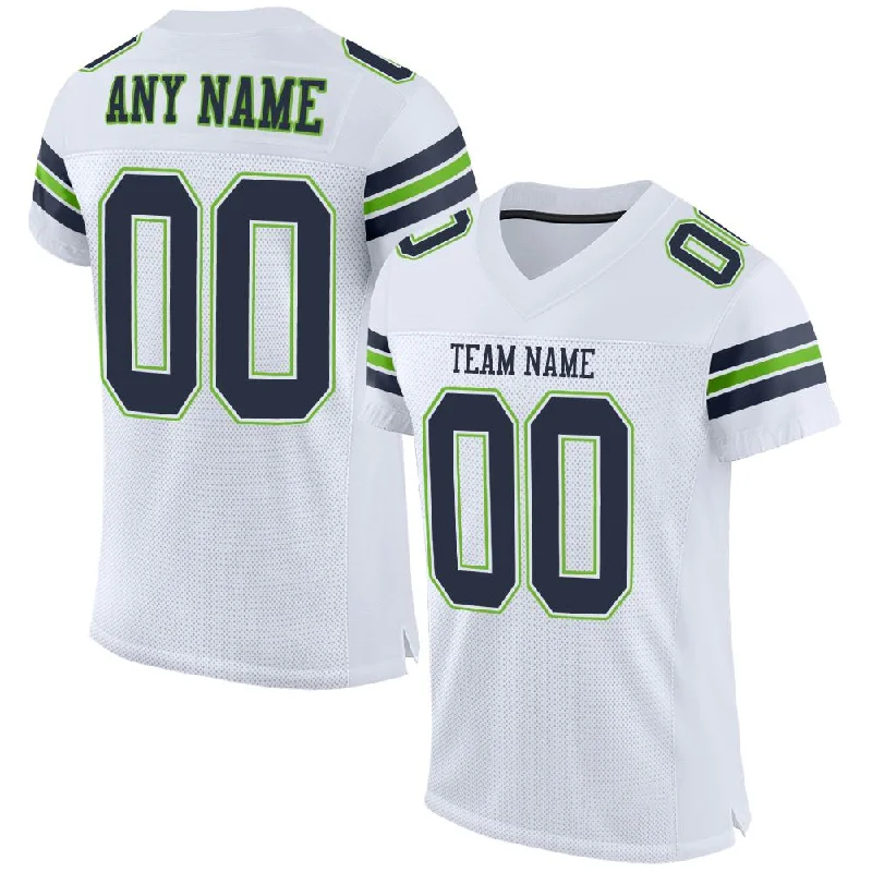 Football Jersey with Mesh Panels for Ventilation-Custom White Navy-Neon Green Classic Style Mesh Authentic Football Jersey