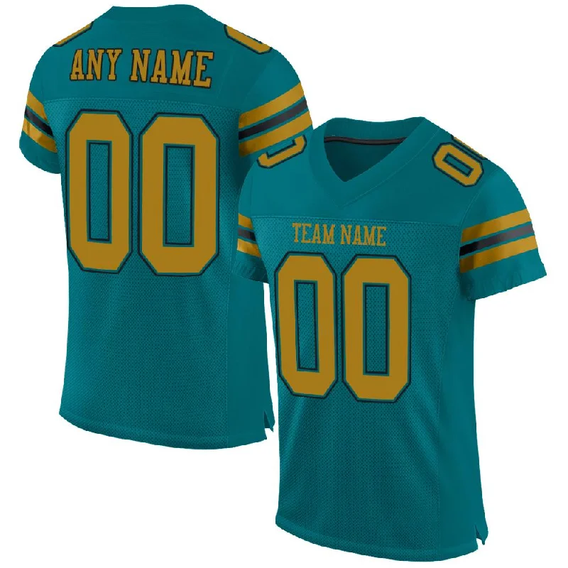 Football Jersey with Breathable Design for Quick Drying-Custom Teal Old Gold-Black Classic Style Mesh Authentic Football Jersey