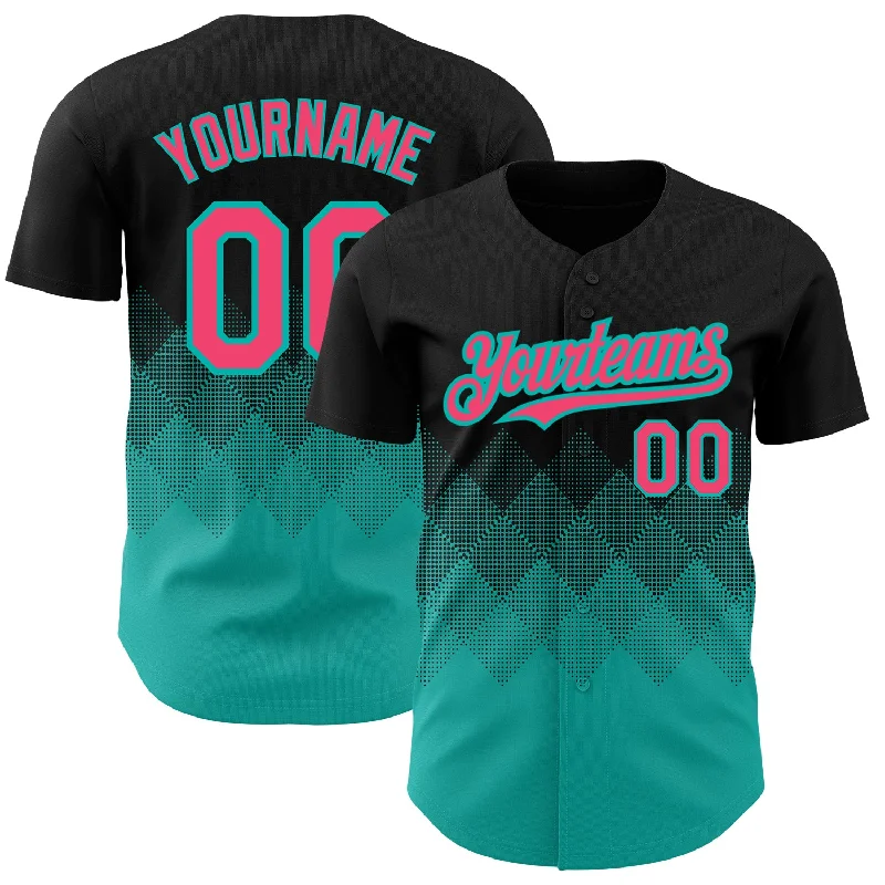 Baseball Jersey with Stretchable Fabric for Comfort and Support-Custom Black Neon Pink-Aqua 3D Pattern Design Gradient Square Shapes Authentic Baseball Jersey