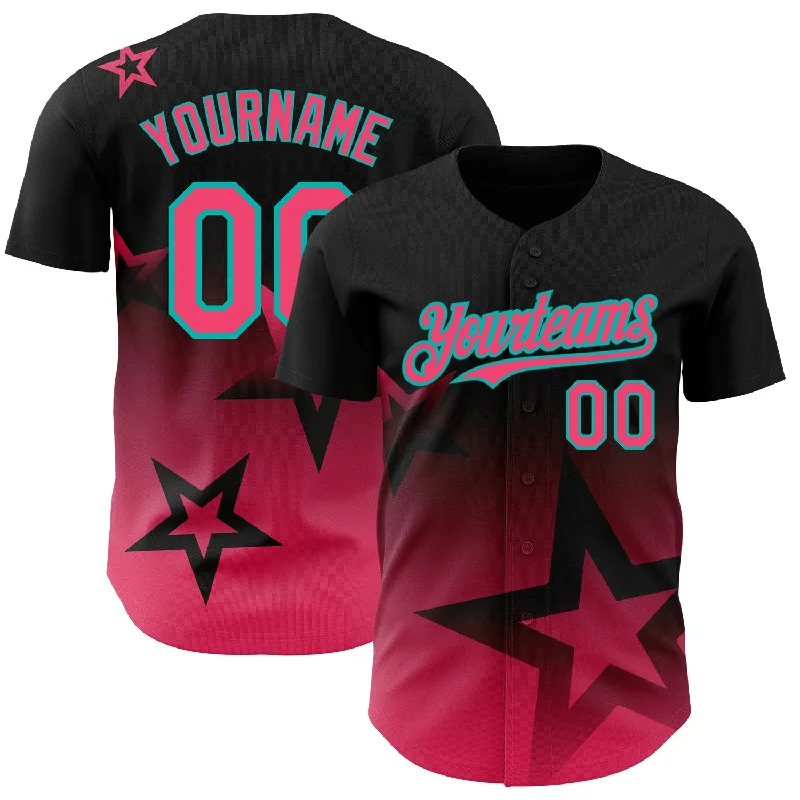 Baseball Jersey for Maximum Agility and Range of Motion-Custom Black Neon Pink-Aqua 3D Pattern Design Gradient Style Twinkle Star Authentic Baseball Jersey