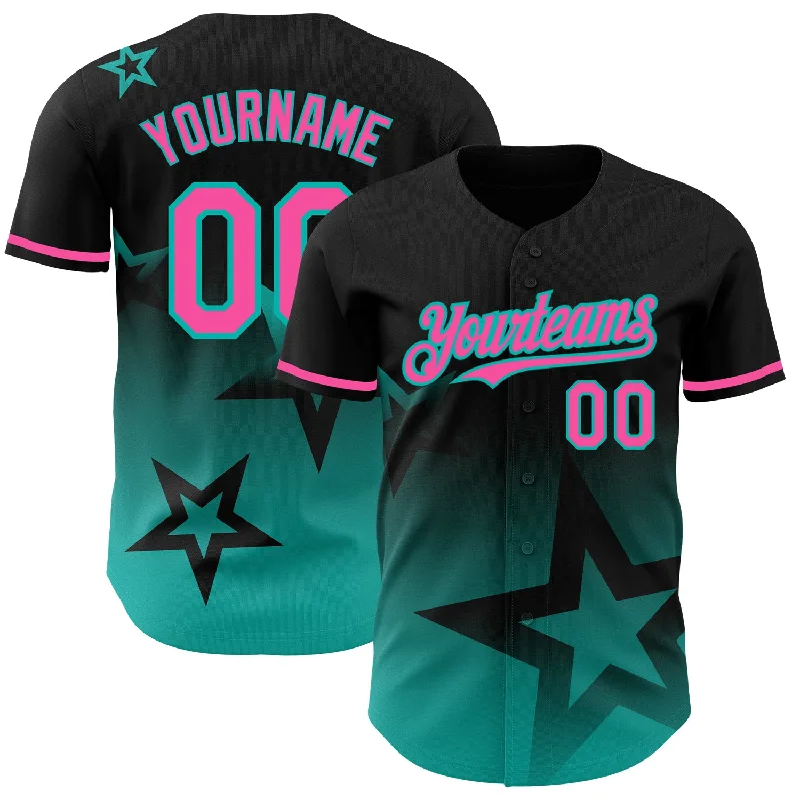 Baseball Jersey for Comfortable and Fast Play-Custom Black Pink-Aqua 3D Pattern Design Gradient Style Twinkle Star Authentic Baseball Jersey