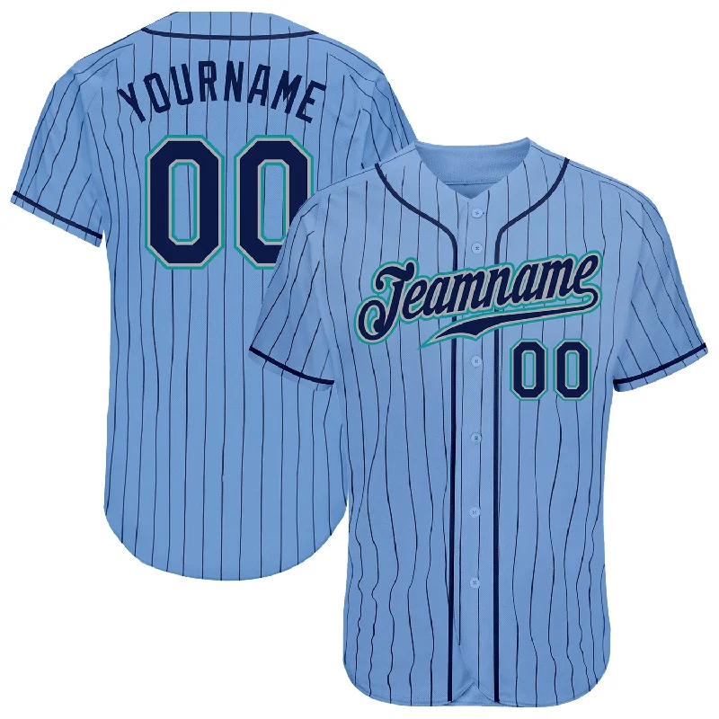 Baseball Jersey for Pro-Style Look and Feel-Custom Light Blue Navy Pinstripe Navy-Teal Authentic Baseball Jersey