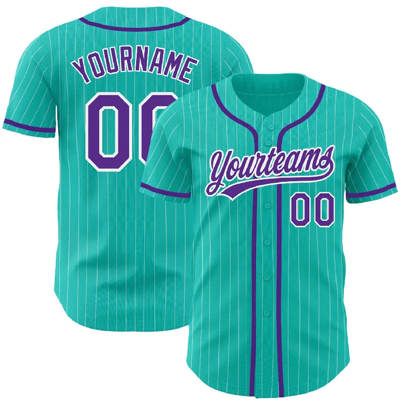 Baseball Jersey for Comfortable Fit and Optimal Performance-Custom Aqua White Pinstripe Purple Authentic Baseball Jersey