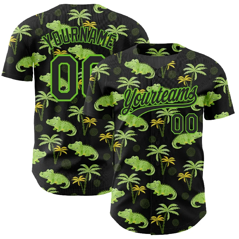 Baseball Jersey with Extra Stretch for Comfort and Flexibility-Custom Black Aurora Green 3D Pattern Design Crocodile And Tropical Hawaii Palm Trees Authentic Baseball Jersey