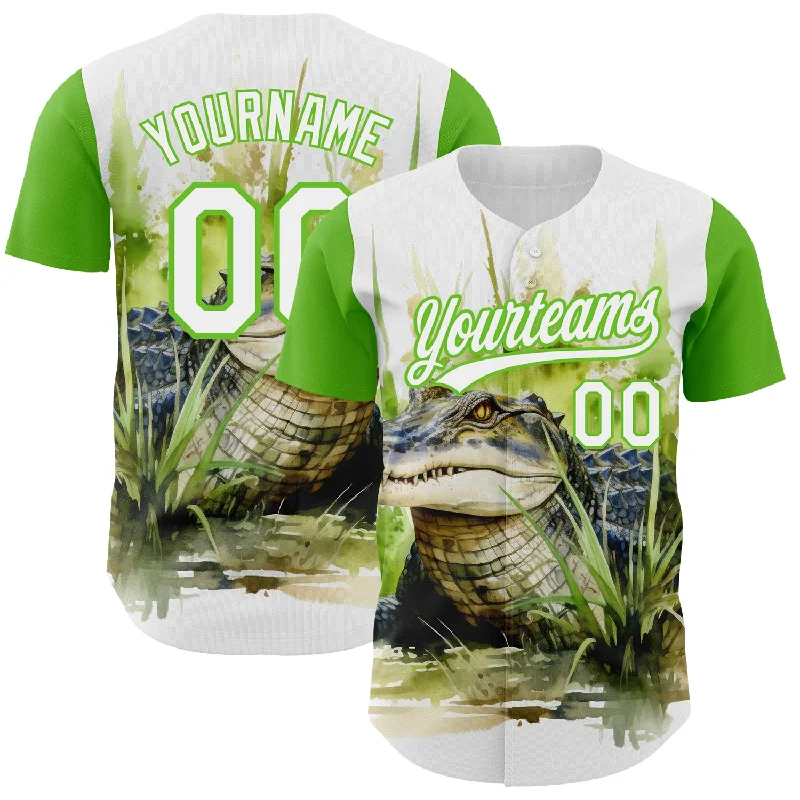 Baseball Jersey with Soft Inner Layer for Comfort-Custom White Aurora Green 3D Pattern Design Crocodile Authentic Baseball Jersey