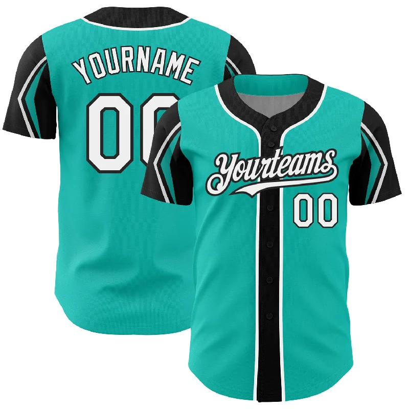 Baseball Jersey for Outdoor and Indoor Games-Custom Aqua White-Black 3 Colors Arm Shapes Authentic Baseball Jersey