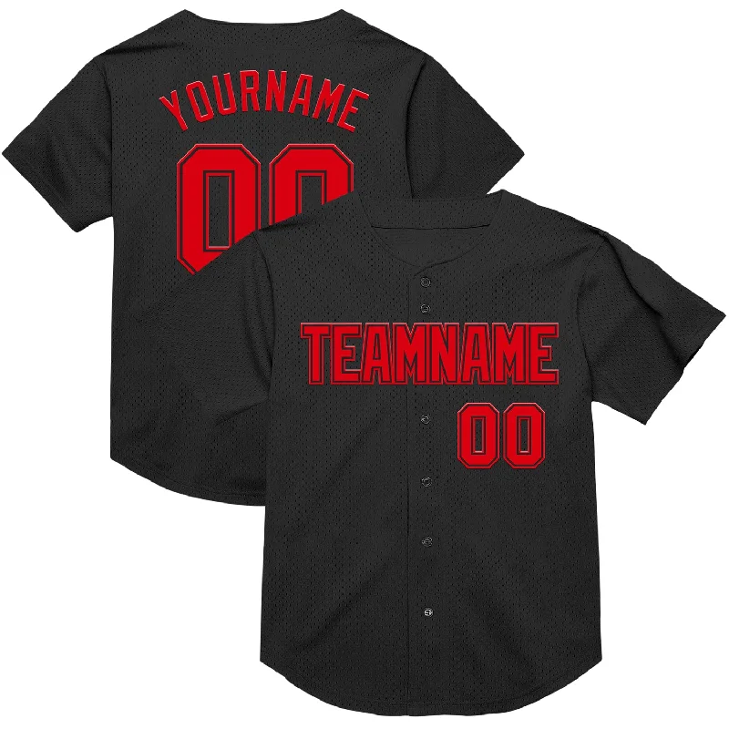 Baseball Jersey for Fast-Pitch Play and Comfort-Custom Black Fire Red Mesh Authentic Throwback Baseball Jersey