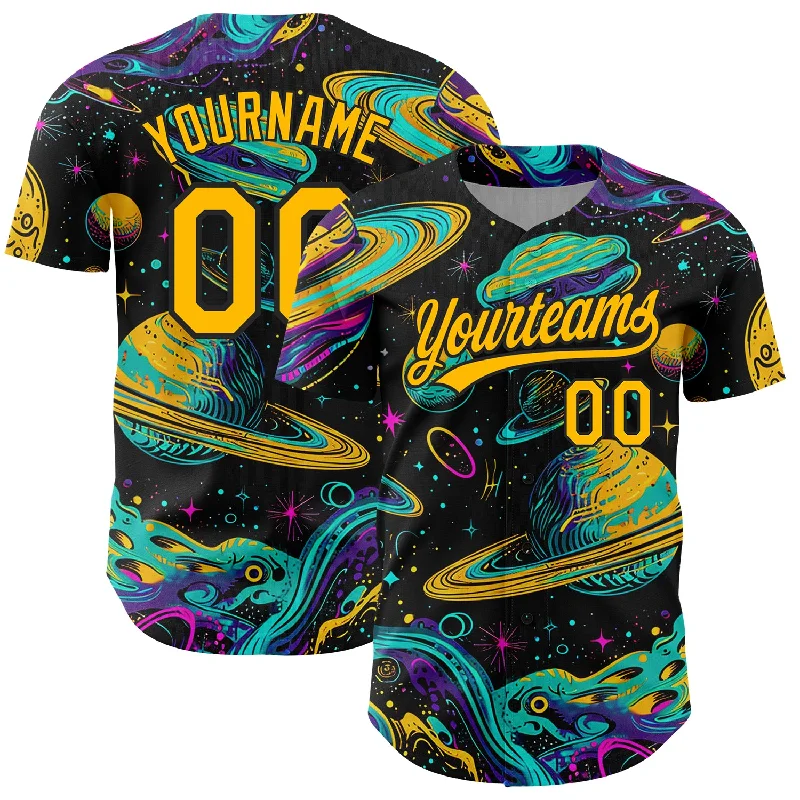 Baseball Jersey with Adjustable Fit for All Sizes-Custom Black Gold 3D Pattern Design Space With Planets And Stars Authentic Baseball Jersey