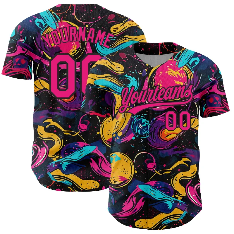 Baseball Jersey for Soft and Breathable Fit-Custom Black Hot Pink 3D Pattern Design Abstract Painting Authentic Baseball Jersey