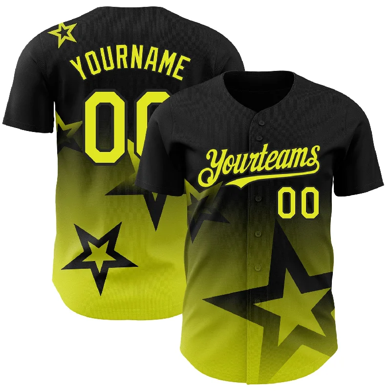 Baseball Jersey for Quick-Drying Comfort and Performance-Custom Black Neon Yellow 3D Pattern Design Gradient Style Twinkle Star Authentic Baseball Jersey