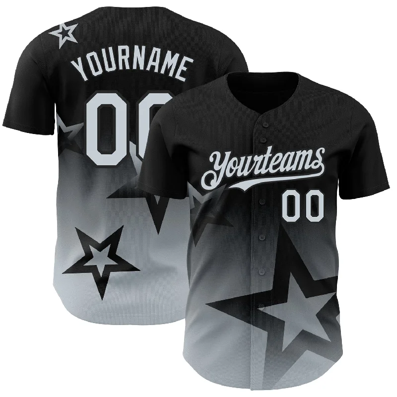 Baseball Jersey for All-Weather Performance and Comfort-Custom Black Silver 3D Pattern Design Gradient Style Twinkle Star Authentic Baseball Jersey