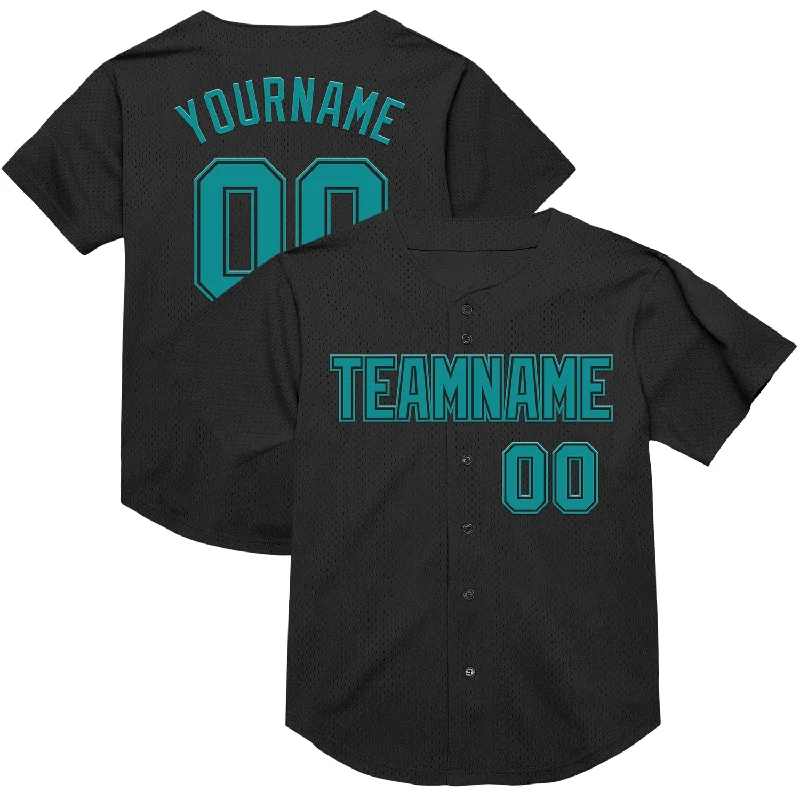 Baseball Jersey with Moisture Control for Comfort-Custom Black Teal Mesh Authentic Throwback Baseball Jersey