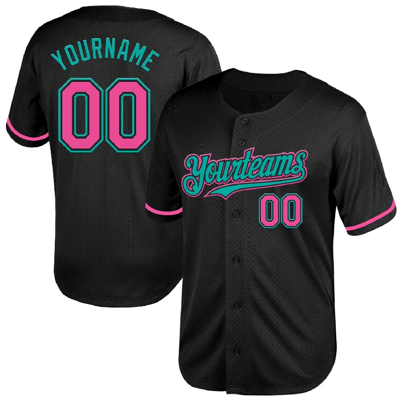 Baseball Jersey with Enhanced Stretch for Play-Custom Black Pink-Aqua Mesh Authentic Throwback Baseball Jersey