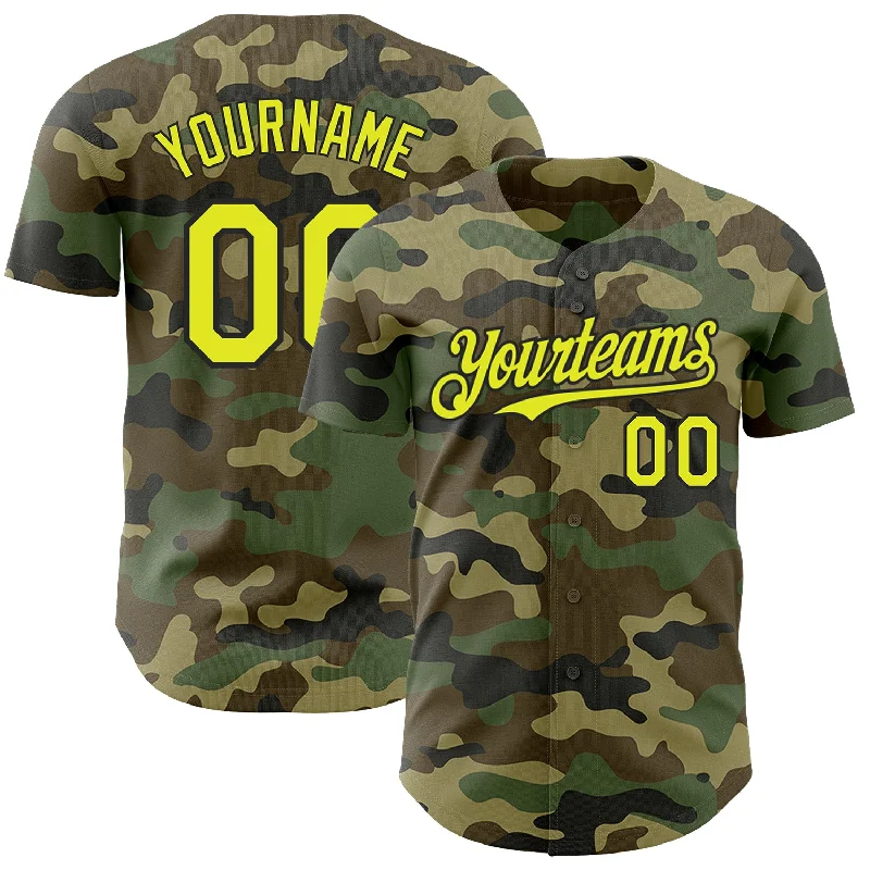 Baseball Jersey with Reinforced Seams for Extra Durability-Custom Camo Neon Yellow-Black Authentic Salute To Service Baseball Jersey