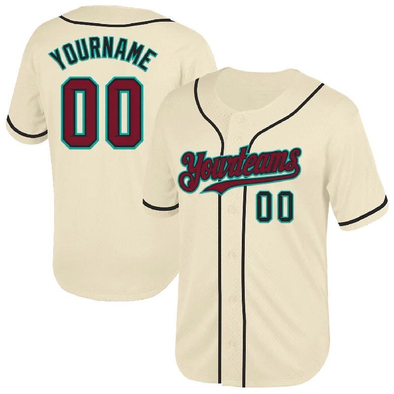 Baseball Jersey for Professional Players-Custom Cream Crimson Black-Aqua Mesh Authentic Throwback Baseball Jersey