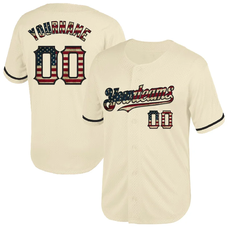 Baseball Jersey for Maximum Durability-Custom Cream Vintage USA Flag-Black Mesh Authentic Throwback Baseball Jersey