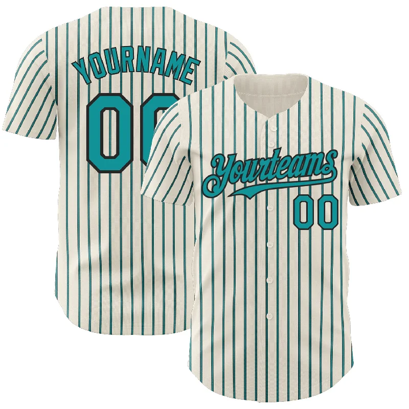 Baseball Jersey with Breathable Panels for Cooling-Custom Cream (Black Teal Pinstripe) Teal-Black Authentic Baseball Jersey