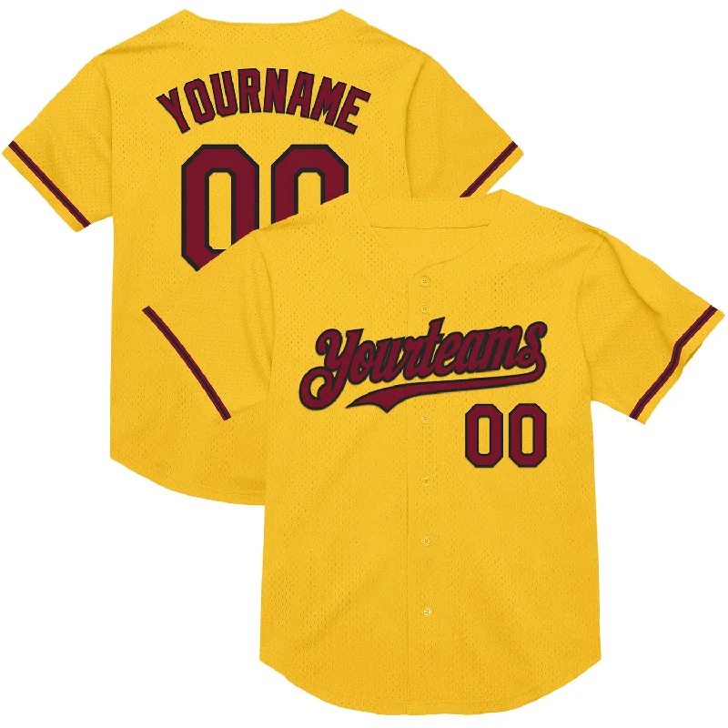 Baseball Jersey for Breathable Fabric and Soft Fit-Custom Gold Crimson-Black Mesh Authentic Throwback Baseball Jersey