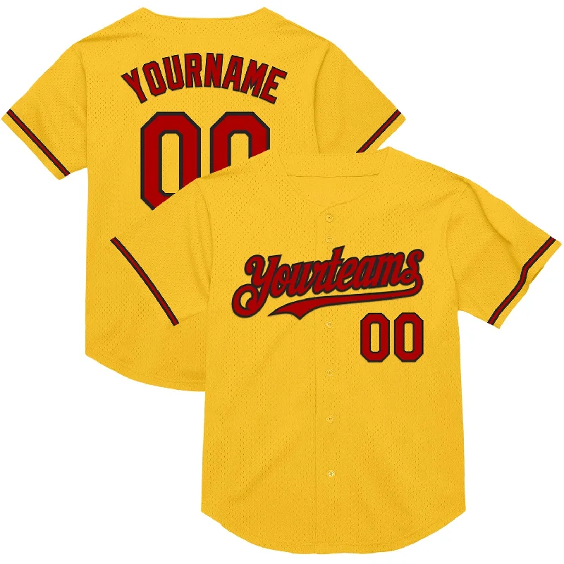 Baseball Jersey with Extra Durability for Rigorous Play-Custom Gold Red-Black Mesh Authentic Throwback Baseball Jersey