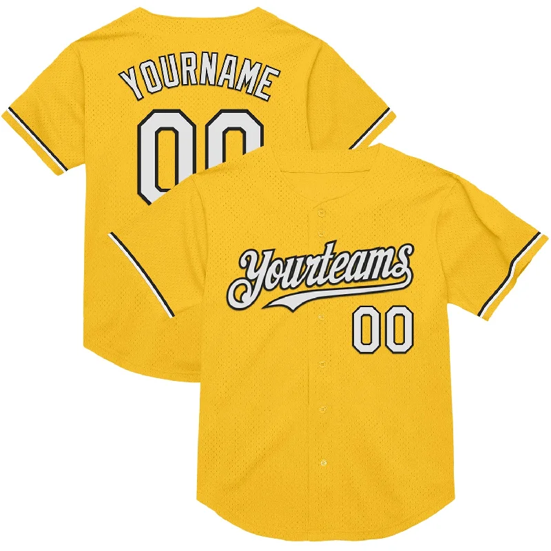 Baseball Jersey for Performance and Endurance-Custom Gold White-Black Mesh Authentic Throwback Baseball Jersey