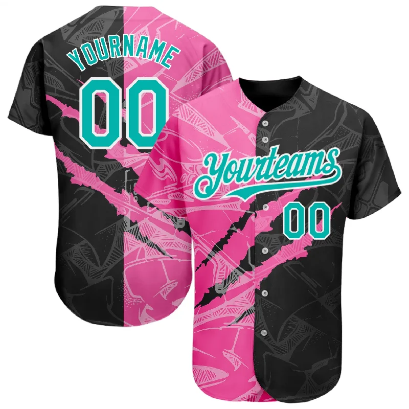 Baseball Jersey for Fast-Pitch Play and Comfort-Custom Graffiti Pattern Aqua Black-Pink 3D Scratch Authentic Baseball Jersey