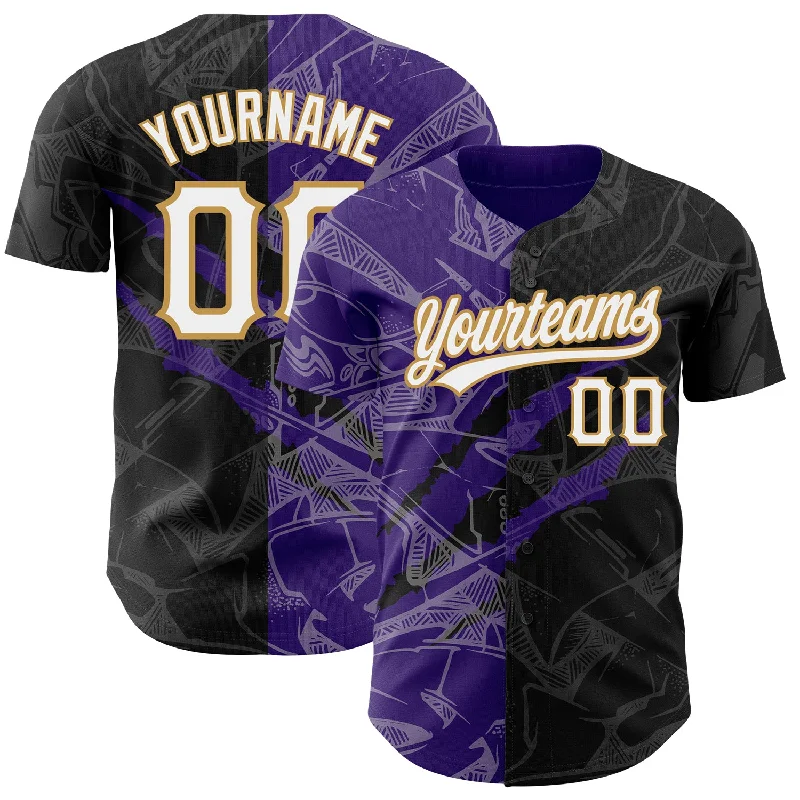 Baseball Jersey for Comfortable Design and Fit-Custom Graffiti Pattern Black Purple-Old Gold 3D Scratch Authentic Baseball Jersey