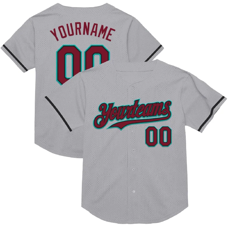 Baseball Jersey with Stretch for Better Fit-Custom Gray Crimson Black-Aqua Mesh Authentic Throwback Baseball Jersey