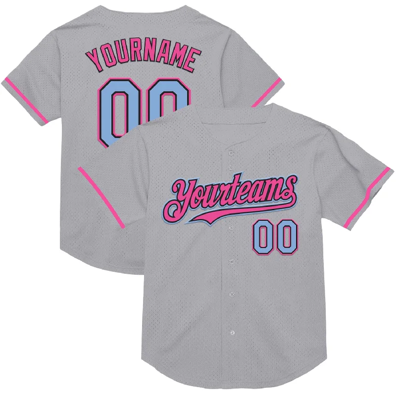 Baseball Jersey for Easy Movement-Custom Gray Light Blue Black-Pink Mesh Authentic Throwback Baseball Jersey