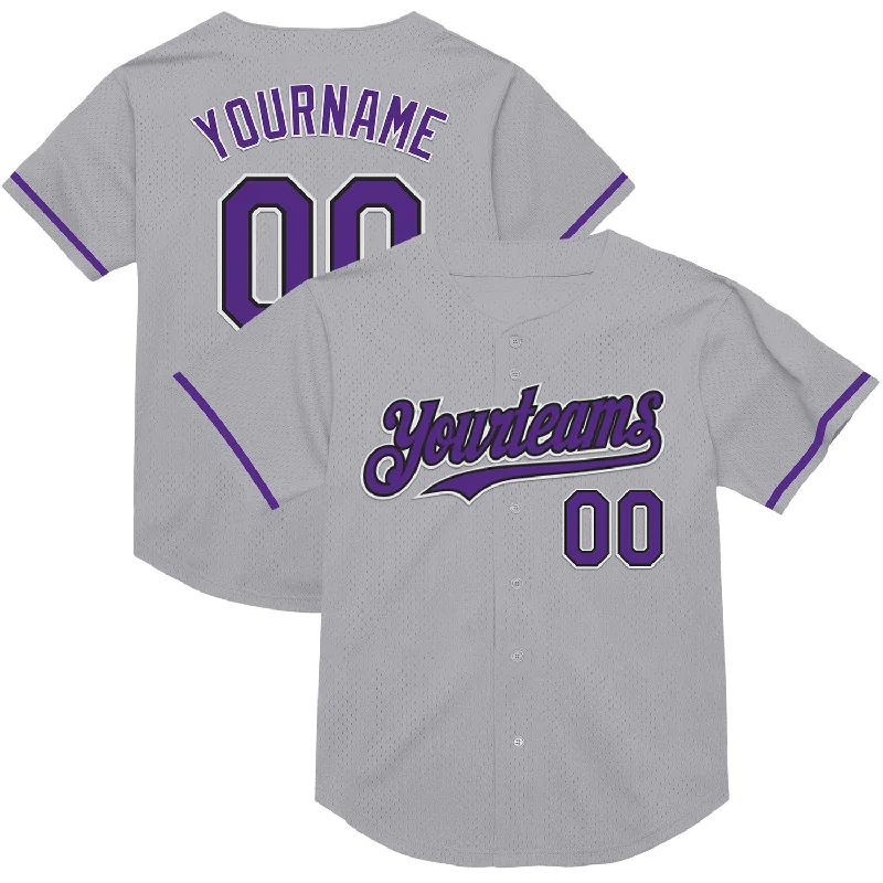 Best Baseball Jersey for Hot Weather-Custom Gray Purple-Black Mesh Authentic Throwback Baseball Jersey