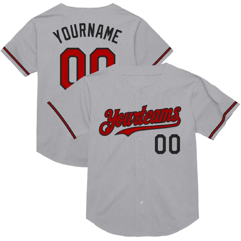 Baseball Jersey with Breathable Mesh for Ventilation-Custom Gray Red-Black Mesh Authentic Throwback Baseball Jersey