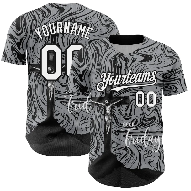 Baseball Jersey for Durable Play and Maximum Comfort-Custom Gray White-Black 3D Pattern Design Religion Cross Jesus Christ Good Friday Authentic Baseball Jersey