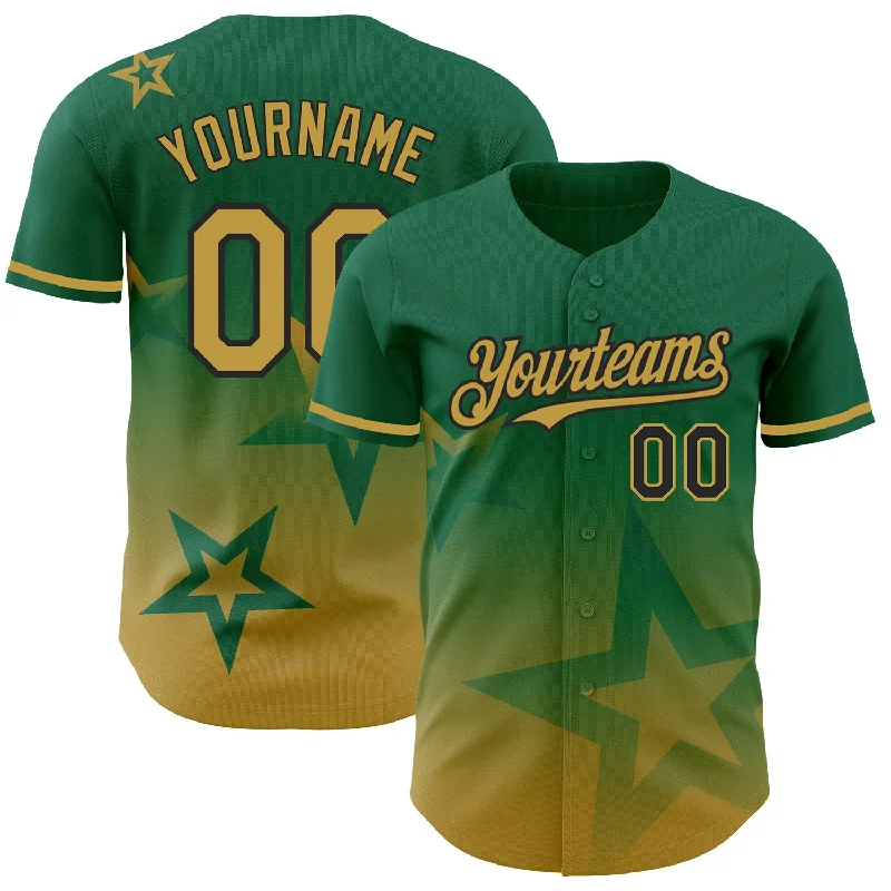 Baseball Jersey for Performance and Style-Custom Kelly Green Old Gold-Black 3D Pattern Design Gradient Style Twinkle Star Authentic Baseball Jersey