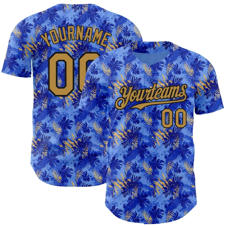 Baseball Jersey with Stretchable Fabric for Comfort and Support-Custom Light Blue Old Gold-Black 3D Pattern Design Tropical Hawaii Palm Leaves Authentic Baseball Jersey