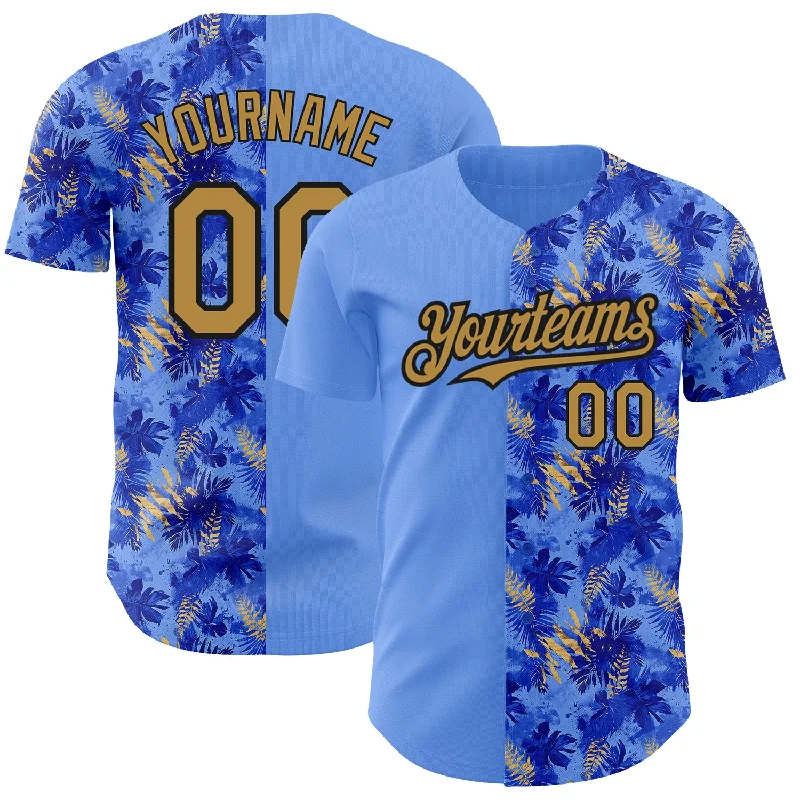 Baseball Jersey for Professional Look and Feel-Custom Light Blue Old Gold-Black 3D Pattern Design Tropical Hawaii Palm Leaves Authentic Baseball Jersey