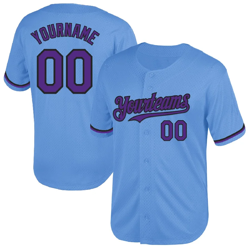 Baseball Jersey for Easy Mobility and Comfort-Custom Light Blue Purple-Black Mesh Authentic Throwback Baseball Jersey