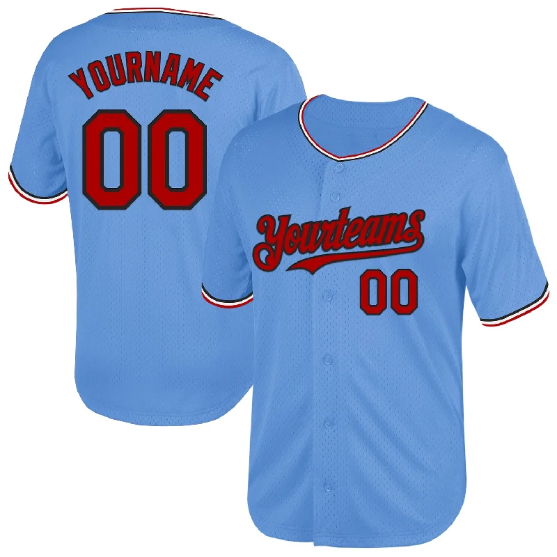 Baseball Jersey with Extra Durability for Rigorous Play-Custom Light Blue Red-Black Mesh Authentic Throwback Baseball Jersey