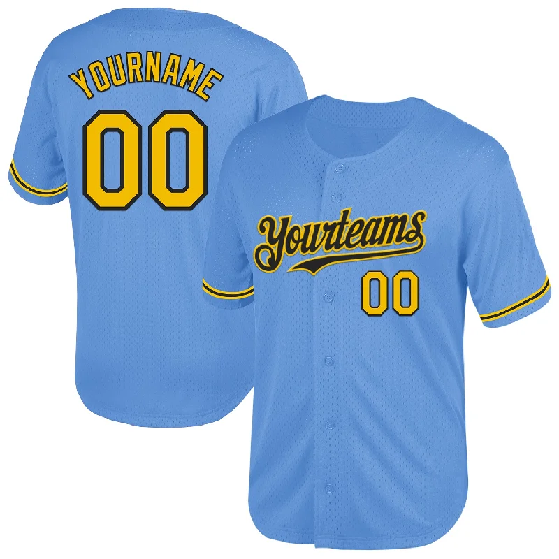 Baseball Jersey for Quick-Drying, Breathable Performance-Custom Light Blue Yellow-Black Mesh Authentic Throwback Baseball Jersey