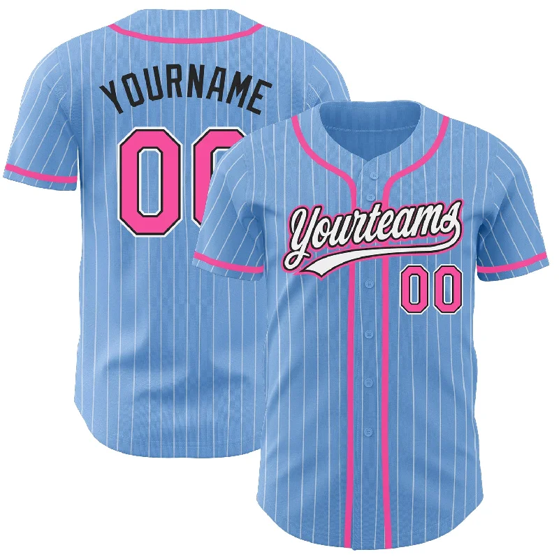 Baseball Jersey for Durable Performance in Tough Games-Custom Light Blue White Pinstripe Pink-Black Authentic Baseball Jersey