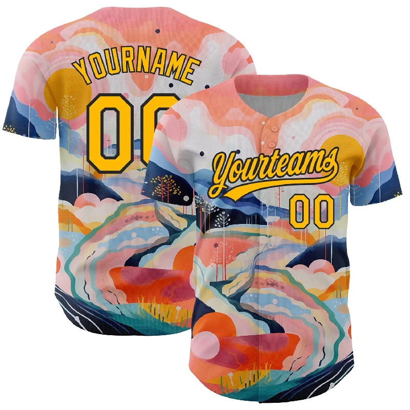 Baseball Jersey for Perfect Fit and Performance-Custom Medium Pink Gold-Black 3D Pattern Design Abstract Painting Authentic Baseball Jersey