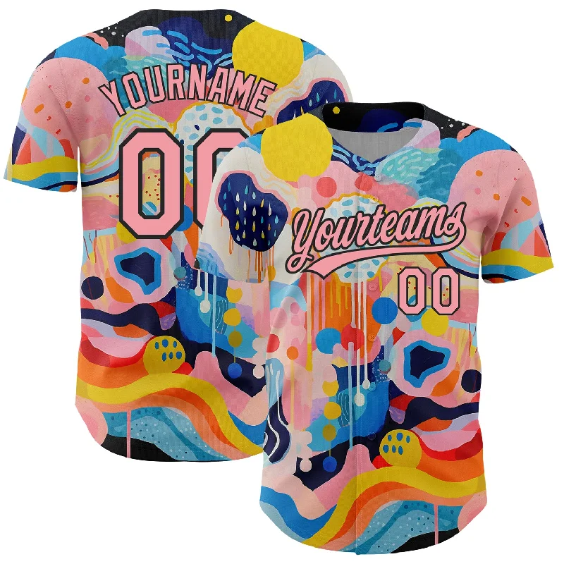 Baseball Jersey for Professional Match Play-Custom Medium Pink Black 3D Pattern Design Abstract Painting Authentic Baseball Jersey