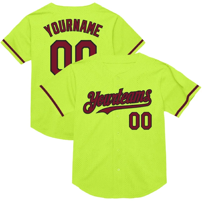 Baseball Jersey with Stylish Design and Practical Function-Custom Neon Green Crimson-Black Mesh Authentic Throwback Baseball Jersey