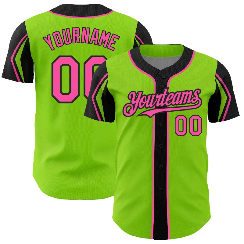 Baseball Jersey for Dynamic Comfort and Performance-Custom Neon Green Pink-Black 3 Colors Arm Shapes Authentic Baseball Jersey